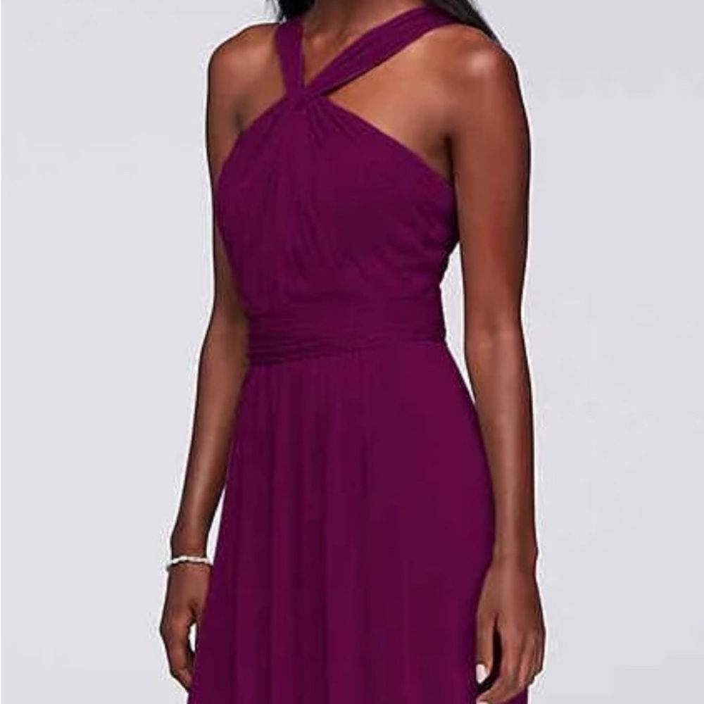 David's Bridal Y-Neck Mesh Maxi Gown in Sangria